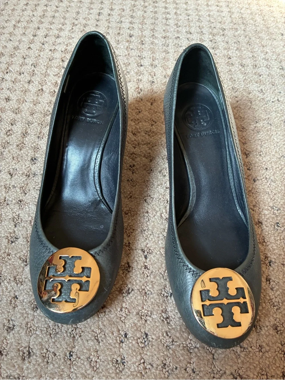 Tory Burch Black Leather Wedges with Gold Logo Medallions